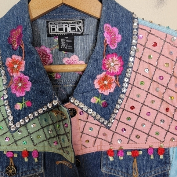 90s 00s Vintage Berek | Floral Butterfly Embroidered Sequin Beaded Jean Jacket - Picture 6 of 13